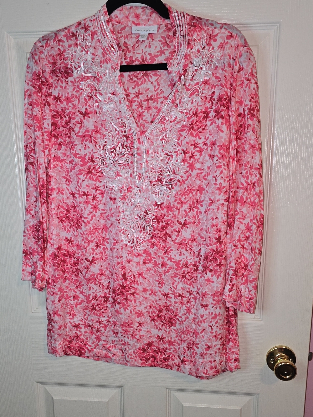 Charter Club Pink Floral Embroidered V-Neck Tunic